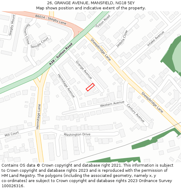 26, GRANGE AVENUE, MANSFIELD, NG18 5EY: Location map and indicative extent of plot