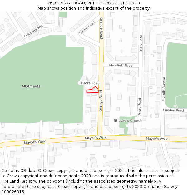 26, GRANGE ROAD, PETERBOROUGH, PE3 9DR: Location map and indicative extent of plot