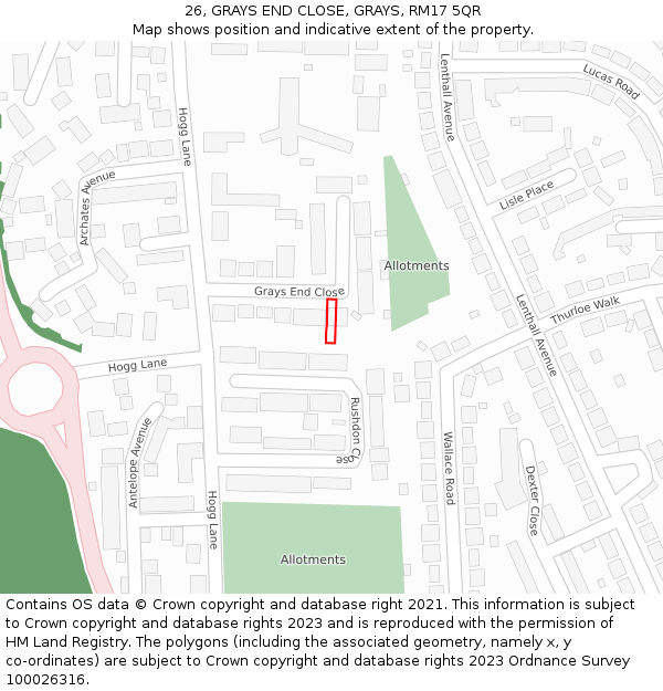 26, GRAYS END CLOSE, GRAYS, RM17 5QR: Location map and indicative extent of plot