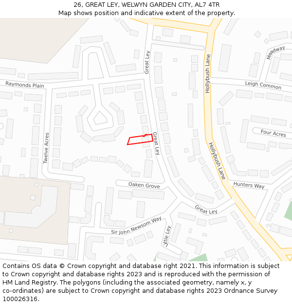 26, GREAT LEY, WELWYN GARDEN CITY, AL7 4TR: Location map and indicative extent of plot