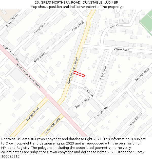 26, GREAT NORTHERN ROAD, DUNSTABLE, LU5 4BP: Location map and indicative extent of plot