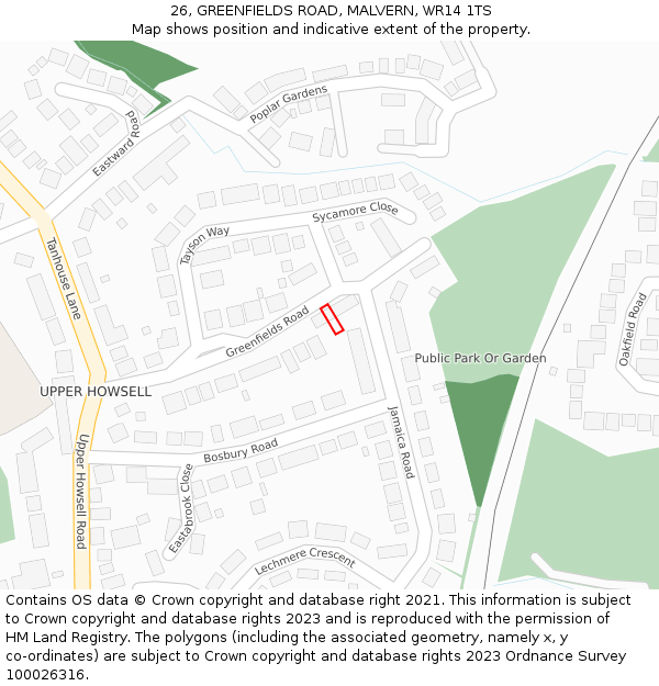 26, GREENFIELDS ROAD, MALVERN, WR14 1TS: Location map and indicative extent of plot