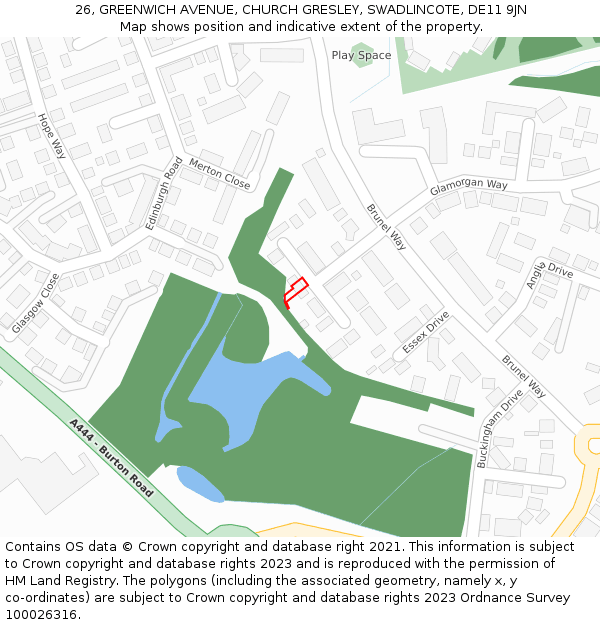 26, GREENWICH AVENUE, CHURCH GRESLEY, SWADLINCOTE, DE11 9JN: Location map and indicative extent of plot