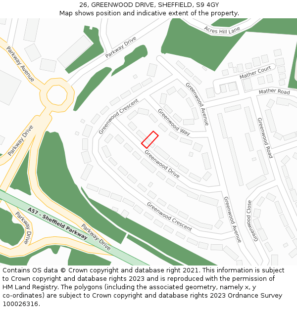 26, GREENWOOD DRIVE, SHEFFIELD, S9 4GY: Location map and indicative extent of plot