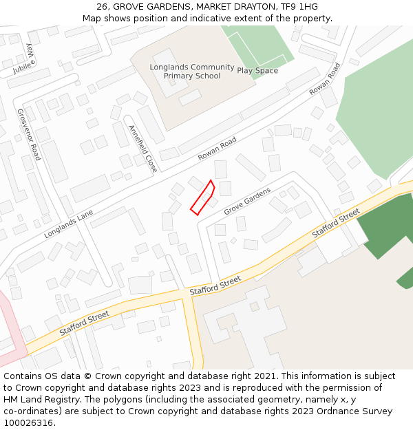 26, GROVE GARDENS, MARKET DRAYTON, TF9 1HG: Location map and indicative extent of plot