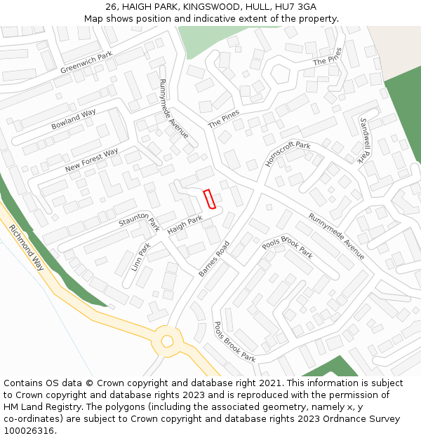26, HAIGH PARK, KINGSWOOD, HULL, HU7 3GA: Location map and indicative extent of plot