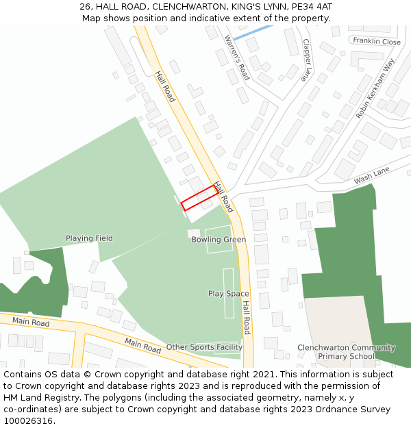 26, HALL ROAD, CLENCHWARTON, KING'S LYNN, PE34 4AT: Location map and indicative extent of plot