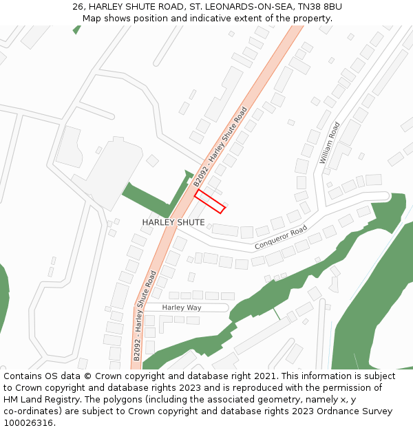 26, HARLEY SHUTE ROAD, ST. LEONARDS-ON-SEA, TN38 8BU: Location map and indicative extent of plot