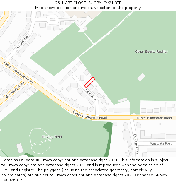26, HART CLOSE, RUGBY, CV21 3TP: Location map and indicative extent of plot