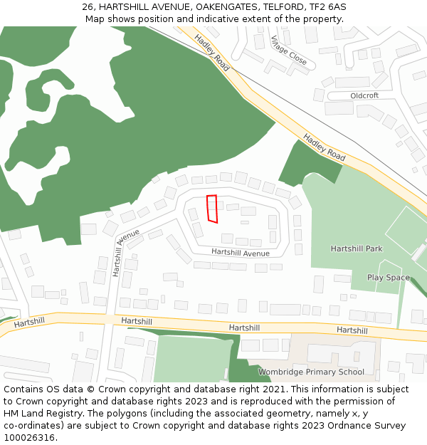 26, HARTSHILL AVENUE, OAKENGATES, TELFORD, TF2 6AS: Location map and indicative extent of plot