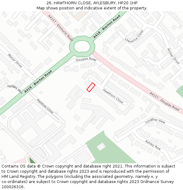 26, HAWTHORN CLOSE, AYLESBURY, HP20 1HP: Location map and indicative extent of plot
