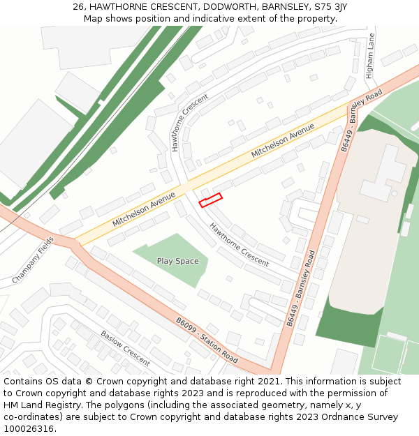 26, HAWTHORNE CRESCENT, DODWORTH, BARNSLEY, S75 3JY: Location map and indicative extent of plot