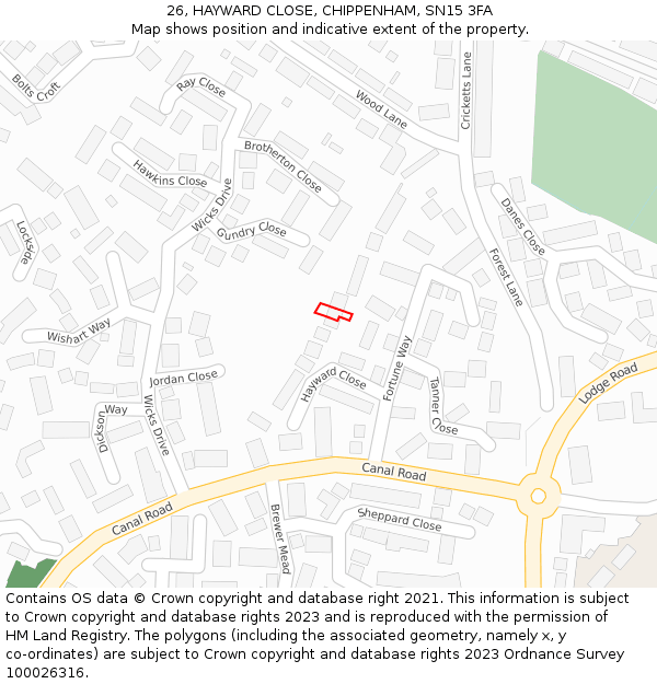 26, HAYWARD CLOSE, CHIPPENHAM, SN15 3FA: Location map and indicative extent of plot