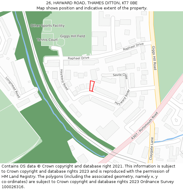 26, HAYWARD ROAD, THAMES DITTON, KT7 0BE: Location map and indicative extent of plot