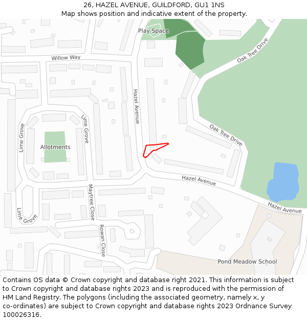 26, HAZEL AVENUE, GUILDFORD, GU1 1NS: Location map and indicative extent of plot