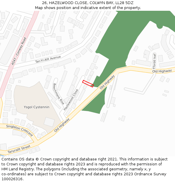 26, HAZELWOOD CLOSE, COLWYN BAY, LL28 5DZ: Location map and indicative extent of plot