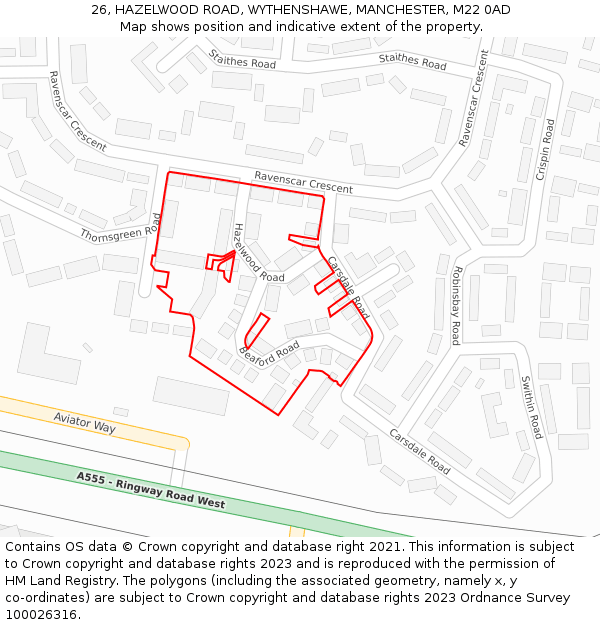 26, HAZELWOOD ROAD, WYTHENSHAWE, MANCHESTER, M22 0AD: Location map and indicative extent of plot