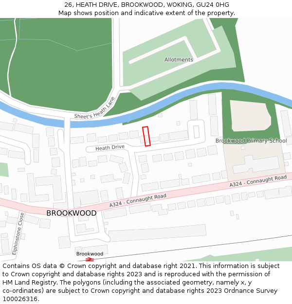 26, HEATH DRIVE, BROOKWOOD, WOKING, GU24 0HG: Location map and indicative extent of plot