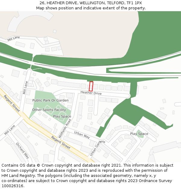 26, HEATHER DRIVE, WELLINGTON, TELFORD, TF1 1PX: Location map and indicative extent of plot