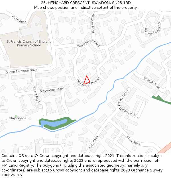 26, HENCHARD CRESCENT, SWINDON, SN25 1BD: Location map and indicative extent of plot