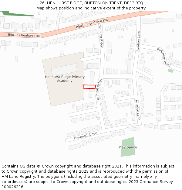 26, HENHURST RIDGE, BURTON-ON-TRENT, DE13 9TQ: Location map and indicative extent of plot