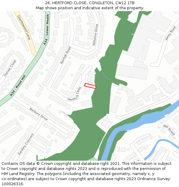 26, HERTFORD CLOSE, CONGLETON, CW12 1TB: Location map and indicative extent of plot
