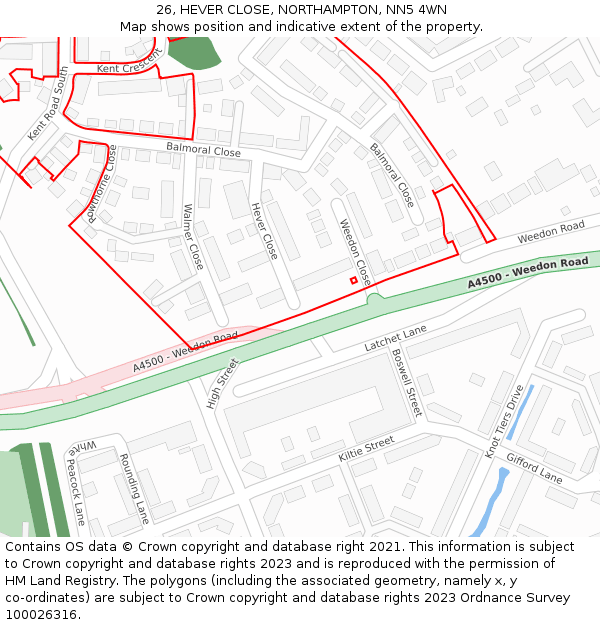 26, HEVER CLOSE, NORTHAMPTON, NN5 4WN: Location map and indicative extent of plot