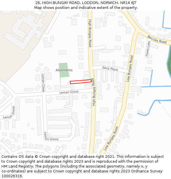 26, HIGH BUNGAY ROAD, LODDON, NORWICH, NR14 6JT: Location map and indicative extent of plot