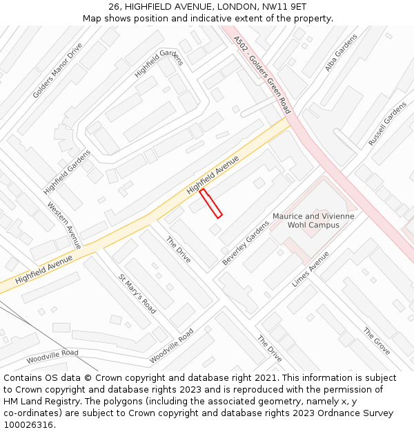 26, HIGHFIELD AVENUE, LONDON, NW11 9ET: Location map and indicative extent of plot