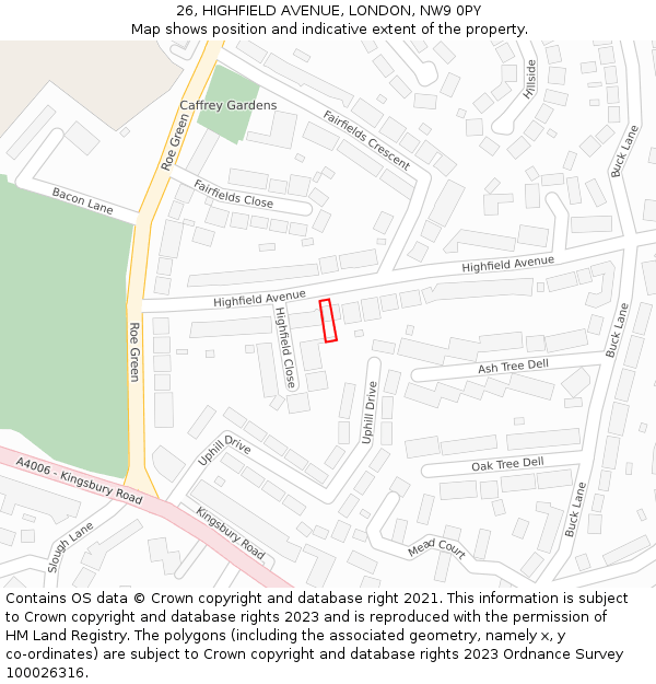 26, HIGHFIELD AVENUE, LONDON, NW9 0PY: Location map and indicative extent of plot