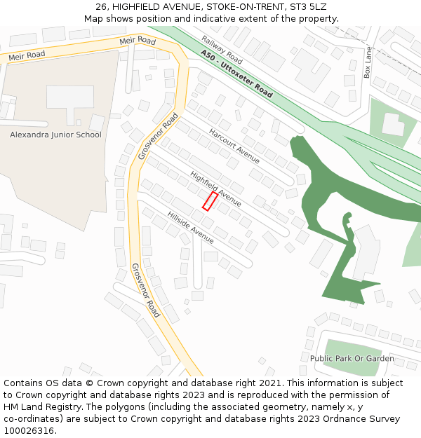 26, HIGHFIELD AVENUE, STOKE-ON-TRENT, ST3 5LZ: Location map and indicative extent of plot