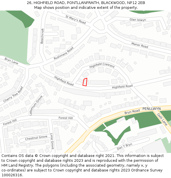 26, HIGHFIELD ROAD, PONTLLANFRAITH, BLACKWOOD, NP12 2EB: Location map and indicative extent of plot