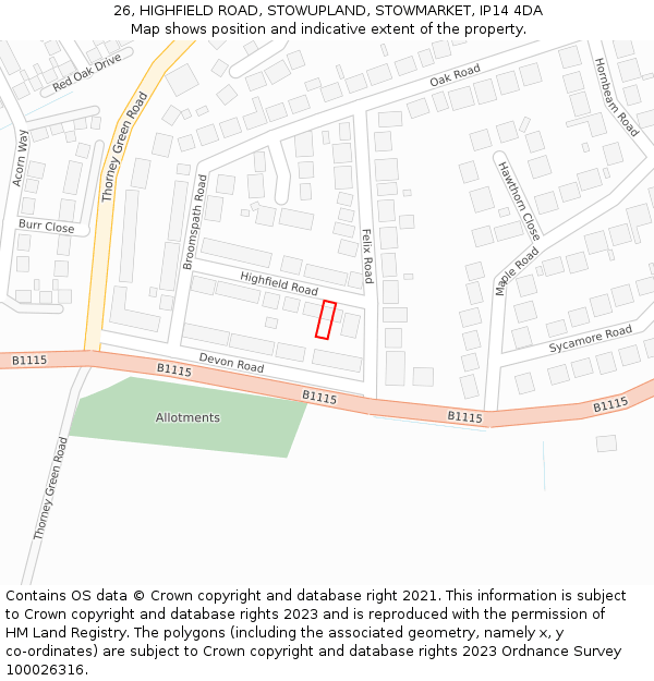 26, HIGHFIELD ROAD, STOWUPLAND, STOWMARKET, IP14 4DA: Location map and indicative extent of plot