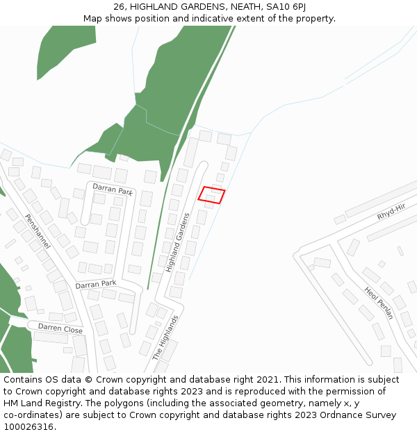 26, HIGHLAND GARDENS, NEATH, SA10 6PJ: Location map and indicative extent of plot