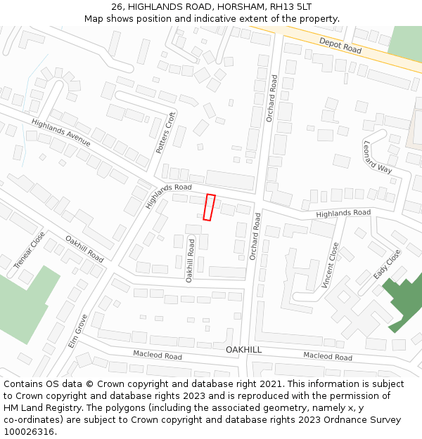 26, HIGHLANDS ROAD, HORSHAM, RH13 5LT: Location map and indicative extent of plot