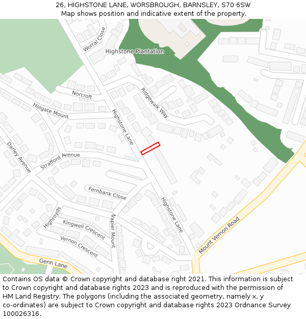 26, HIGHSTONE LANE, WORSBROUGH, BARNSLEY, S70 6SW: Location map and indicative extent of plot