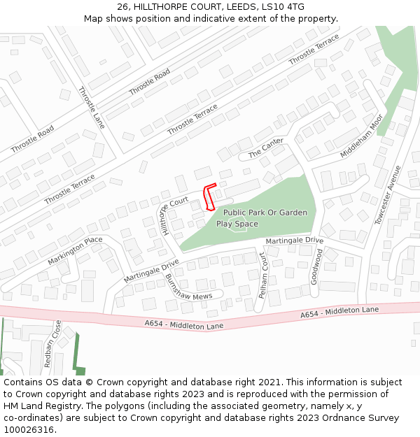 26, HILLTHORPE COURT, LEEDS, LS10 4TG: Location map and indicative extent of plot