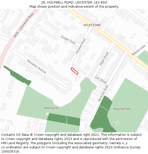 26, HOLYWELL ROAD, LEICESTER, LE2 8SG: Location map and indicative extent of plot