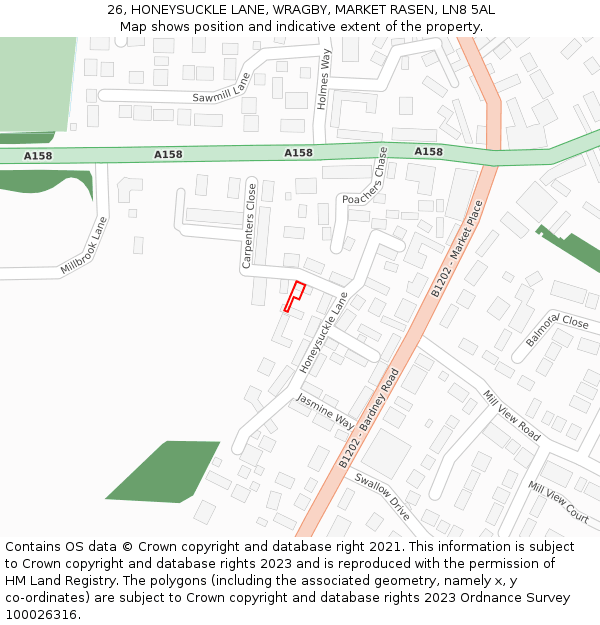 26, HONEYSUCKLE LANE, WRAGBY, MARKET RASEN, LN8 5AL: Location map and indicative extent of plot
