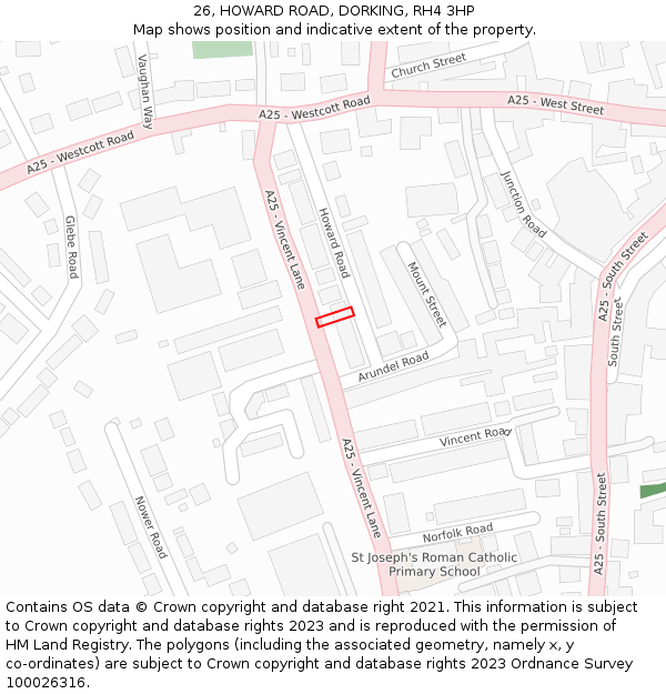 26, HOWARD ROAD, DORKING, RH4 3HP: Location map and indicative extent of plot