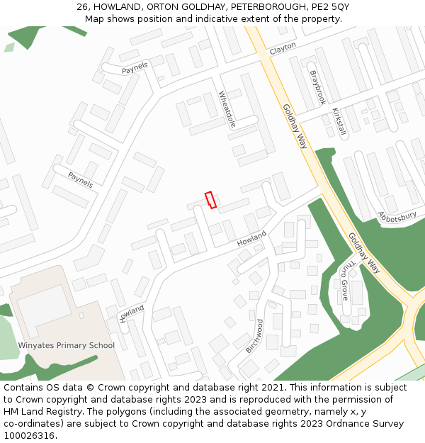 26, HOWLAND, ORTON GOLDHAY, PETERBOROUGH, PE2 5QY: Location map and indicative extent of plot