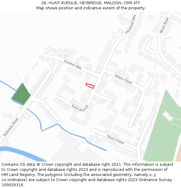 26, HUNT AVENUE, HEYBRIDGE, MALDON, CM9 4TY: Location map and indicative extent of plot