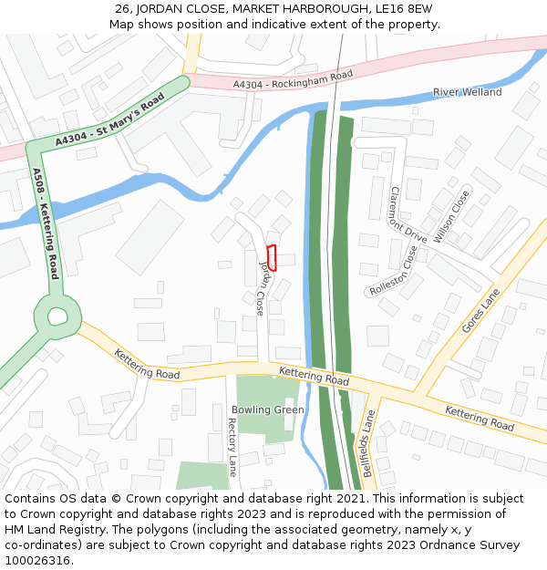 26, JORDAN CLOSE, MARKET HARBOROUGH, LE16 8EW: Location map and indicative extent of plot