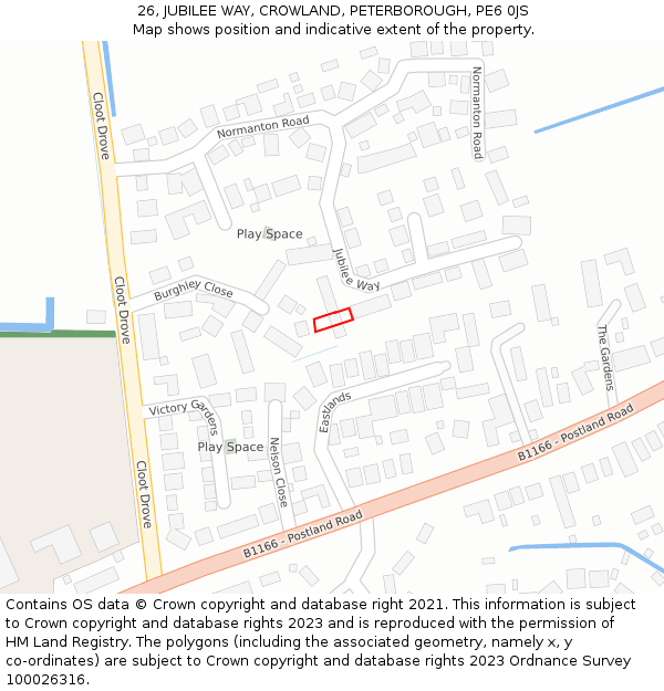 26, JUBILEE WAY, CROWLAND, PETERBOROUGH, PE6 0JS: Location map and indicative extent of plot