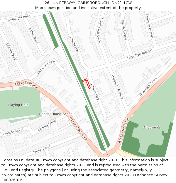 26, JUNIPER WAY, GAINSBOROUGH, DN21 1GW: Location map and indicative extent of plot