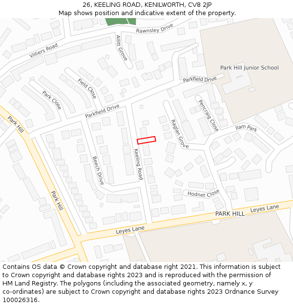 26, KEELING ROAD, KENILWORTH, CV8 2JP: Location map and indicative extent of plot