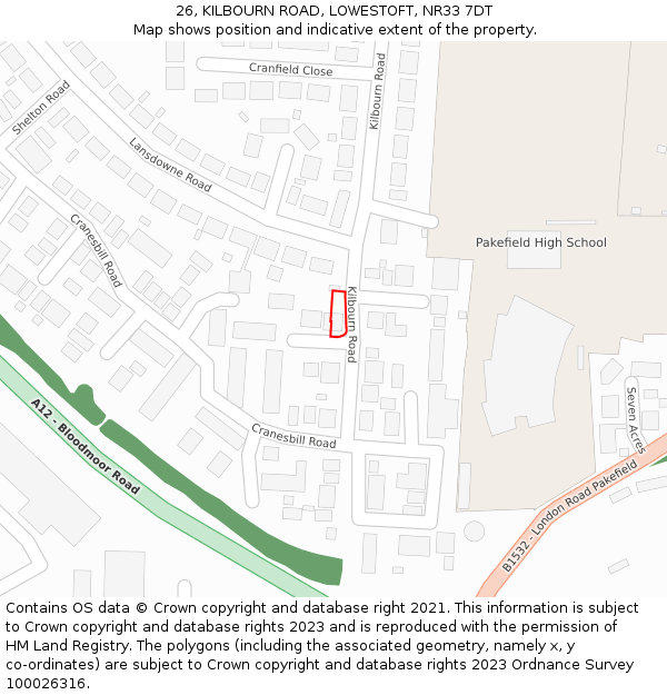 26, KILBOURN ROAD, LOWESTOFT, NR33 7DT: Location map and indicative extent of plot