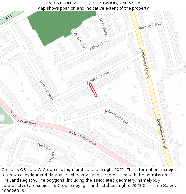 26, KIMPTON AVENUE, BRENTWOOD, CM15 9HA: Location map and indicative extent of plot