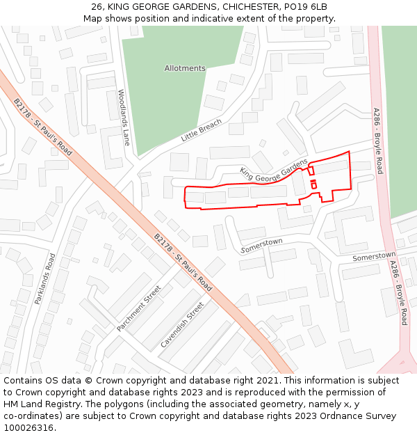 26, KING GEORGE GARDENS, CHICHESTER, PO19 6LB: Location map and indicative extent of plot