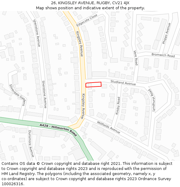 26, KINGSLEY AVENUE, RUGBY, CV21 4JX: Location map and indicative extent of plot
